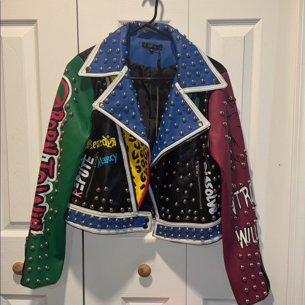 For Her NYC "81773" Graffiti Studded Leather Jacket, NWT